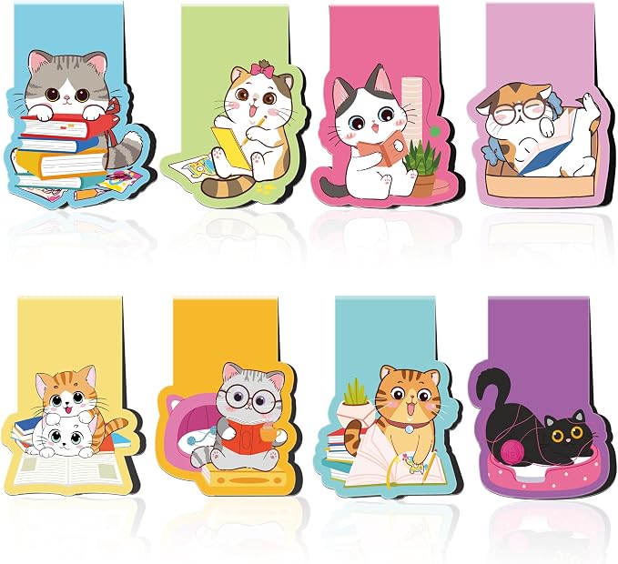 Cat Magnetic Bookmarks: 8 Pcs Cute Cartoon Cat Magnet Book Page Markers, Animal Bookmark Clips for Reading, Gifts for Students Teachers Book Lovers Office School Supplies