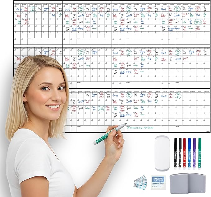 Yearly Large Dry Erase Calendar Wall Planner, 24x36, 12 Month Undated Reusable Laminated Wall Calendar, Blank Erasable Task Organizer with Notes for Office, Classroom & Home
