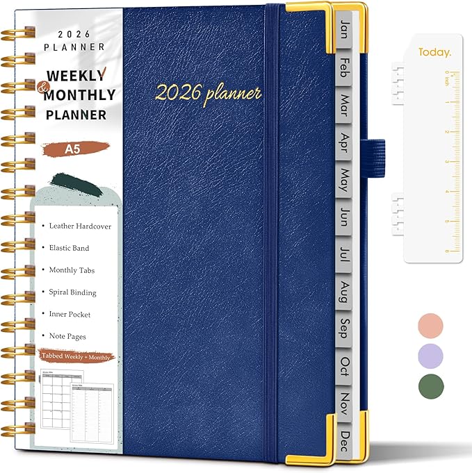 2026 Planner, Weekly and Monthly Calendar Planner from January 2026 - December 2026, 5.75" x 8.38" Hardcover Leather Hourly Appointment Book with Tabs, A5 Spiral Daily Planners for College School Work Home, Navy