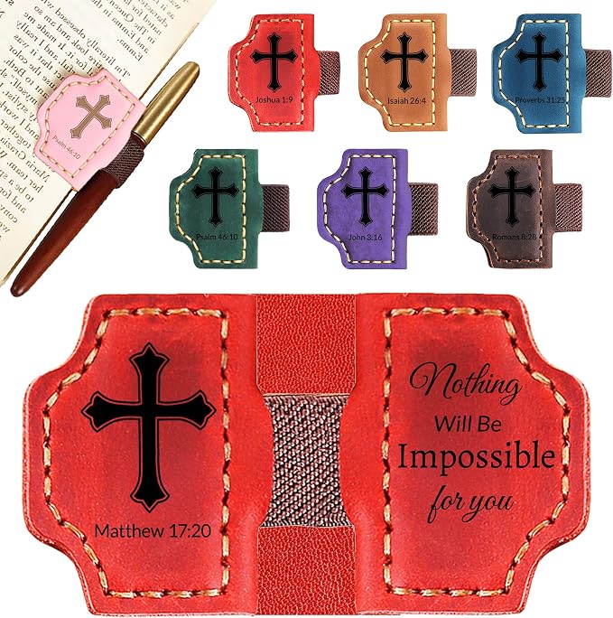 Personalized Leather Bookmark with Pen Holder - Magnetic Bible Verse Design, Christian Book Lovers Reading Accessory, for Book Lovers Men Women (Red, Matthew 17:20)