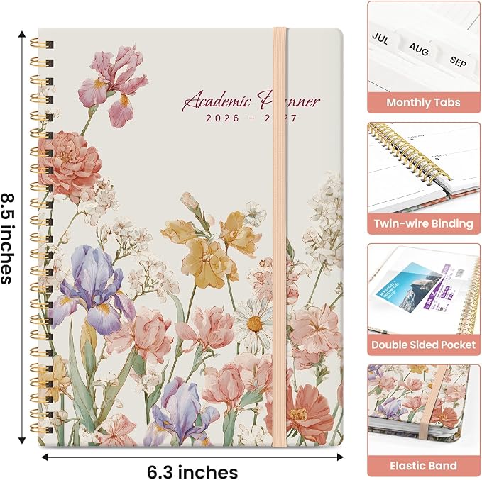 Planner 2026–2027, Academic Year Monthly & Weekly Calendar Book, Jul 2026–Jun 2027, Hardcover Organizer with Tabs, Student & Teacher Planner, 6.3" x 8.5", Bloom Planner