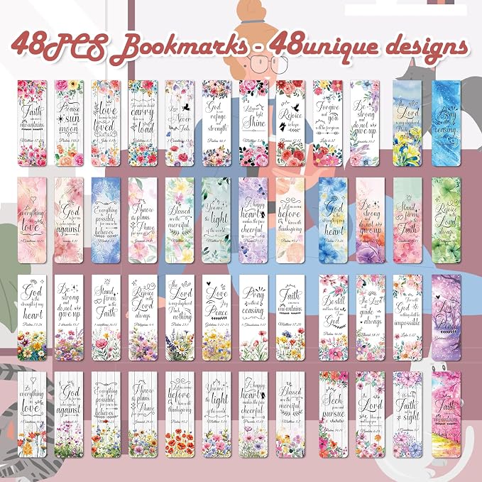 Wxiben Bible Verse Magnetic Bookmark - 48Pcs Floral Inspirational Magnetic Bookmark Christian Scripture Book Mark Magnets Motivational Flower Page Marker Clip for Women Students Teacher School Gifts