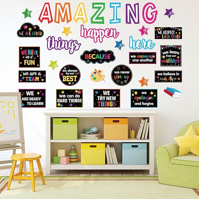 JarThenaAMCS Motivational Bulletin Board Decoration Amazing Things Happen Here Paper Cutouts with 100Pcs Glue Points Bulletin Border Stickers for Classroom Office School Home Decor, 41Pcs