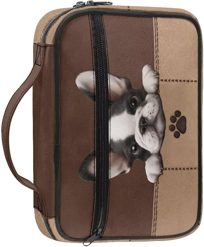 French Bulldog Paw Print Bible Covers for Women & Men, Bible Organizer Carrying Case with Zippered Pocket Bible Protective Bag, Brown