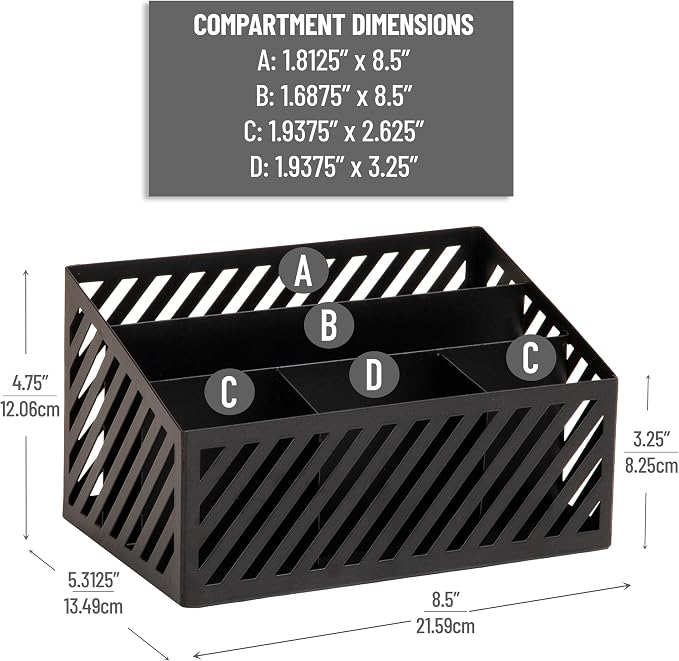 Mind Reader Desktop Organizer and Mail Sorter, Five Compartments, Office Supplies and Accessories, Metal, Black