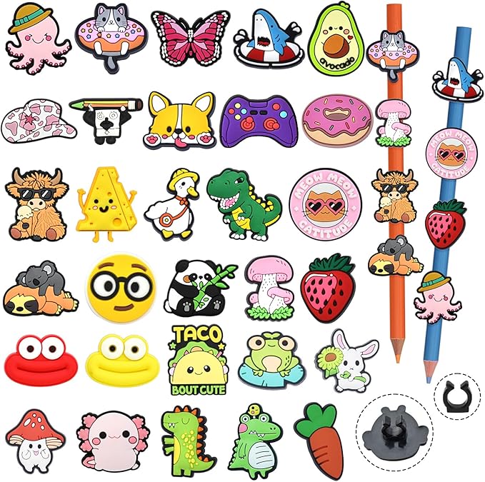 30PCS Pencil Toppers,Cute Pencil Charms for Students Bulk School Teacher Supplies Fun Pen Toppers Charms,PVC Pencils Clips Accessories Random Different Pencils Decor Classroom Rewards Prizes gifts