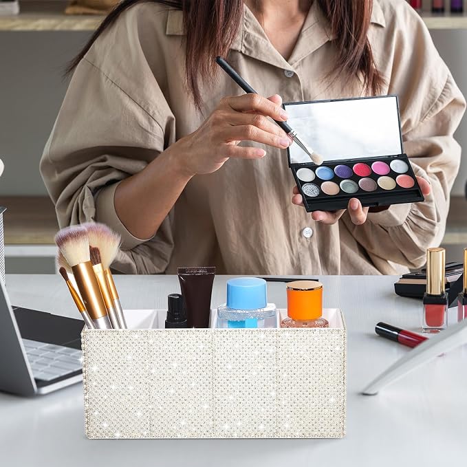 Bling Desk Organizer for Women, Rhinestone Pen Makeup Brush Holder, Girly Desk Accessories Organizer for Office Classroom Elevate Your Workspace with Serenity (Pearl,White)
