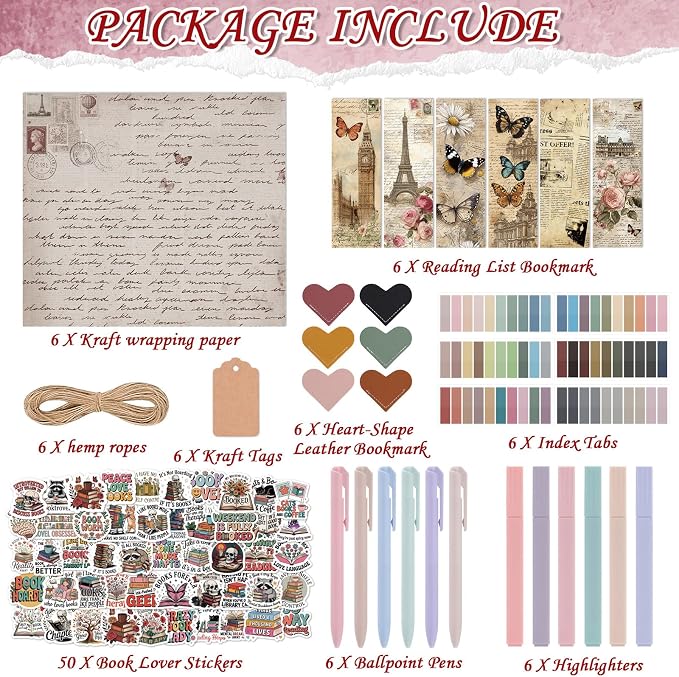 Blind Date with a Book Gift Box - Hamdwerk 6 Set Vintage Blind Book Date Gift Supplies Includes Wrapping Paper Tags Pens Bookmark Stickers Book Lover Club Gifts for Women Librarian Bookish Reader