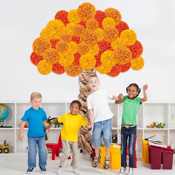 Fall Thanksgiving Tree Bulletin Board Set DIY 3D Tree with Paper Pom Poms Kraft Craft Bulletin Board Classroom Wall Decorations for Fall Thanksgiving Party School Chalkboard Teacher Supplies (Orange)