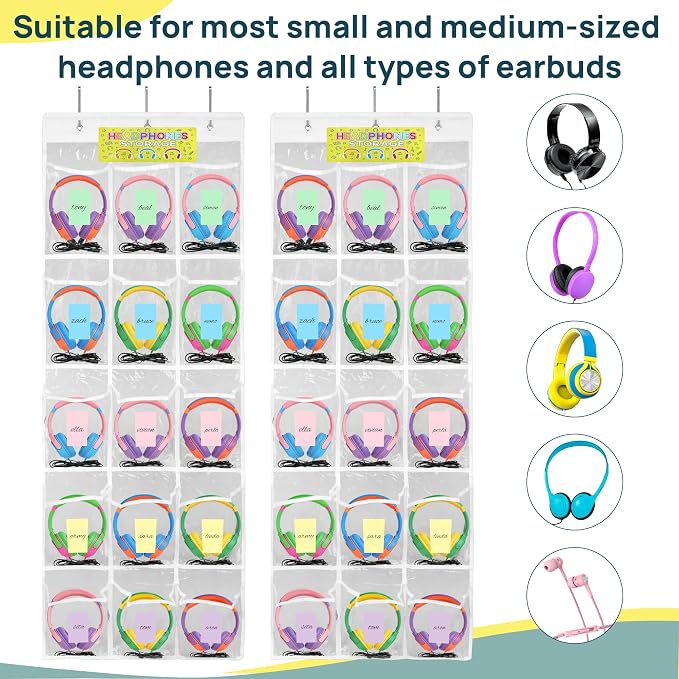 [2-Pack] Classroom Headphone Storage Organizer - 30 Pockets Over The Door Hanging Chart | Durable Headset Holder for Teachers | Clear PVC Pockets | School Supplies & Cell Phone/Calculator Storage