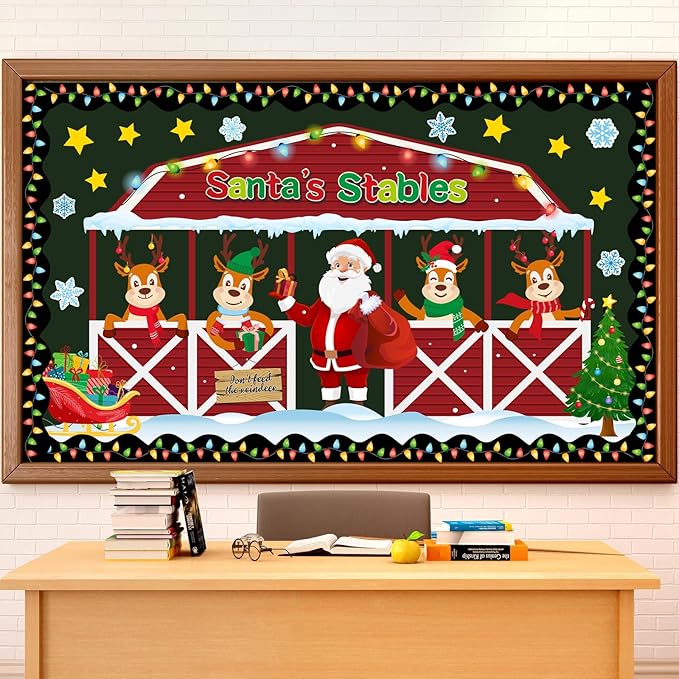 Geyoga Christmas Bulletin Board Decorations Set Santa's Stable Reindeer Christmas Winter Classroom Decorations Door Wall Holiday Light Bulb Elk Bulletin Boards Cutouts Borders School Office Supplies