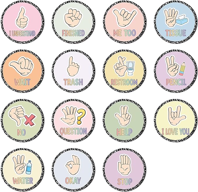 MotiMind 15 Pcs Classroom Hand Signal Cards Signal with Adhesive Tapes Decor Classroom Learning Bulletin Board Hand Signals Language Posters for Teachers Students Visual Cues (Multicolor Circular)