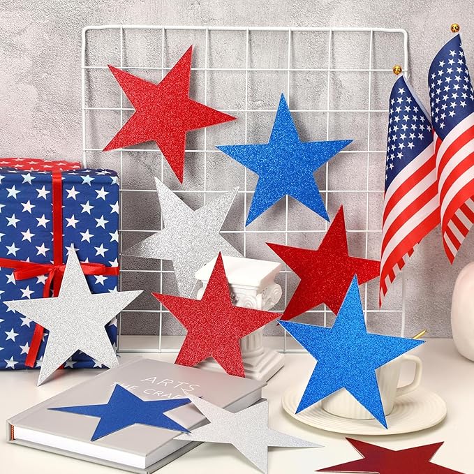 JUNEBRUSHS Patriotic Stars Cutouts, 48Pcs Double Sided Glitter Stars Cutouts 4th of July Paper Star Classroom Bulletin Board Decoration for Independence Day Wall Decor Craft Supplies
