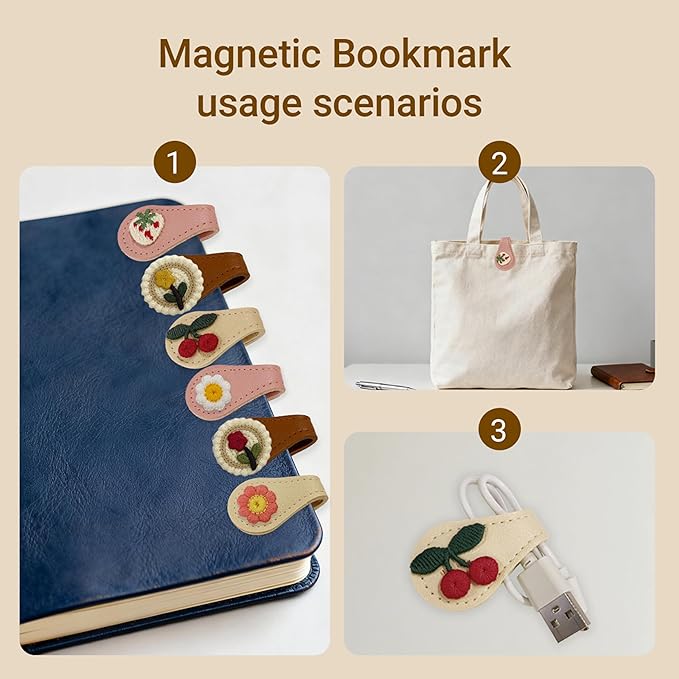 6Pcs Magnetic Leather Bookmark Set, Embroidery Magnetic Bookmarks Clips for Book Lovers Reading, Book Accessories(Mix)