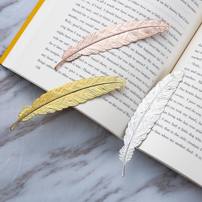 Gejoy 8 Pieces Valentine Metal Feather Bookmarks Vintage Metal Bookmark Feather Shape Book Marker Teacher Appreciation Gifts for Readers Book Lovers(Set 1)