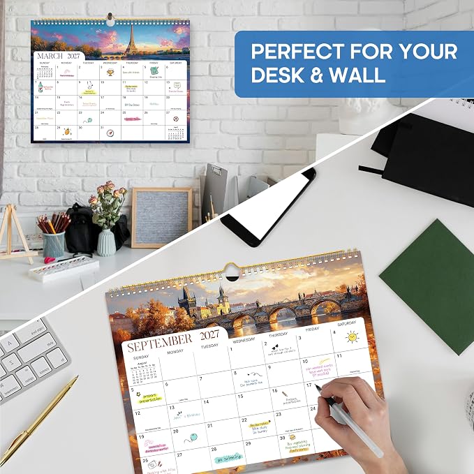Calendar 2026-2027, Monthly Wall Calendar from April 2026 to December 2027, 11.5" x 14.7", Spiral Binding Hanging Wall Calendar, Perfect for Home or Office,European Landscape
