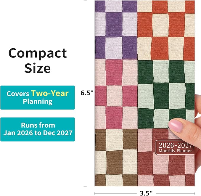Pocket Calendar 2026-2027 for Purse, Two Year Monthly Planner Pocket Size 6.5" x 3.5", Jan 2026 - Dec 2027 Monthly Planner Small Calendar for School, Work and Home - Checkered