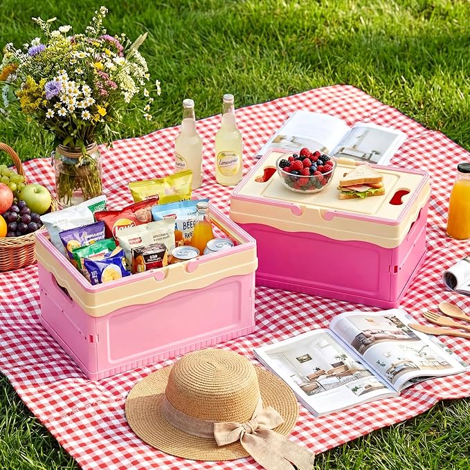 2 Pcs Pastel Plastic Collapsible Storage Crates with Lids and Handle Collapsible Picnic Basket Stackable Storage Bins Cute Foldable Container for Home Kitchen Office Bathroom(Pink,Hot Pink)