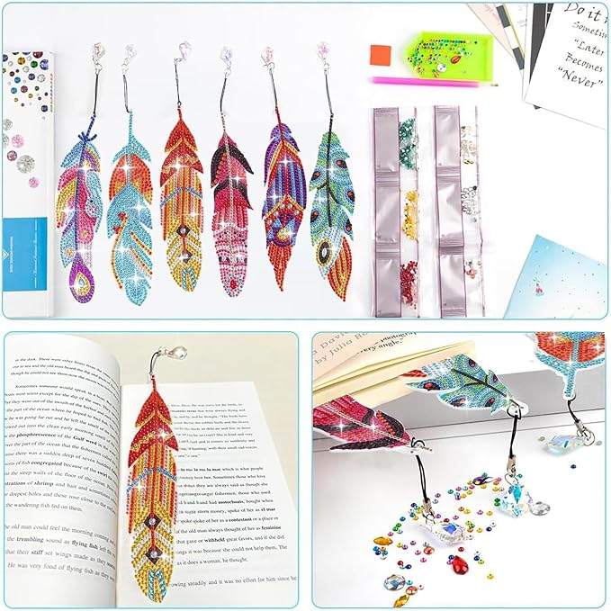12 Pcs Diamond Painting Bookmark, Crystal DIY Book Makers for Book Lovers, Diamond Art Beginners, Small Diamond Art Kits with Pendant, Paint by Art Crafts Gift for Women Girls (Feather)
