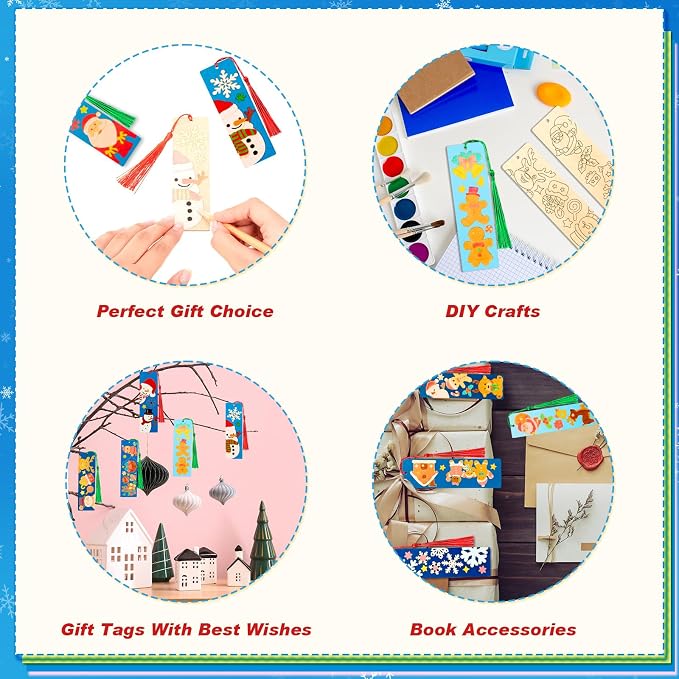 AmazingSpark 100 Pcs Winter Wood Bookmarks DIY Crafts Kit, 50 Set Christmas Color Your Own Blank Bookmarks with Tassel Santa Snowmen for Classroom Art Gifts Teacher Student Reward