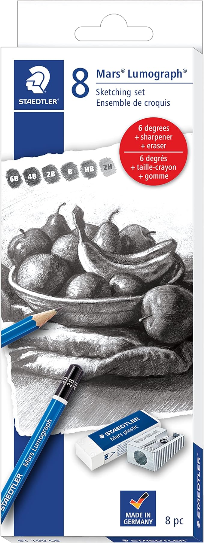 Staedtler Mars Lumograph Graphite Artist Sketch Set, 6 Degrees (6B, 4B, 2B, B, HB, 2H), Mini Mars Plastic Eraser, Metal Sharpener 61 100C8LU