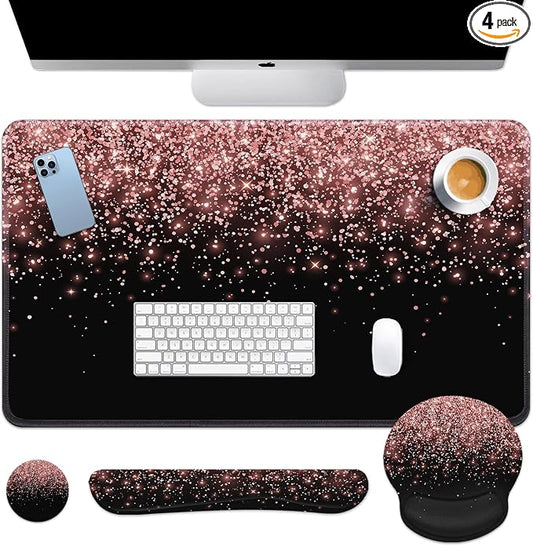 Britimes Rose Gold Pink Keyboard Mouse Pad Set Black Golden 4in1 Large Mousepad+Keyboard Wrist Rest+Mouse Wrist Rest+Coaster Ergonomic Design for Home Office Computer 35.4x15.7 inches