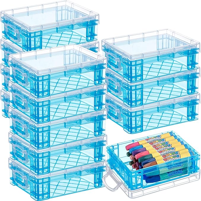 Suzile 12 Pcs Plastic Clear Crayon Box with Lids Stackable Blue Crayon Organizer Storage Holder Container Bulk Hard Pencil Case for School Classroom Office Supplies Pen Pencil Art Crafts