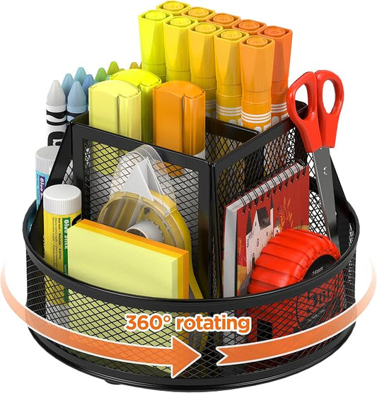 Docnest 360° Rotating Pen Holder,Heavy-Duty Metal Mesh Desk Organizer with 6 Compartments for Pencils,Scissors & Markers –Space Saving Office Supply for Teachers, Students & Home Desk-Black