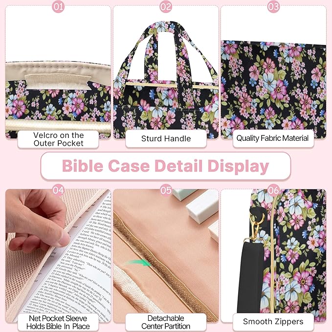 PUGPIU Bible Cover Case for Women, Large Quilted Bible Bag with Shoulder Strap and Handle, Bible Study Supplies Journaling Kit with Highlighters Pens No Bleed Tabs Notebook Cross Clips (Floral)