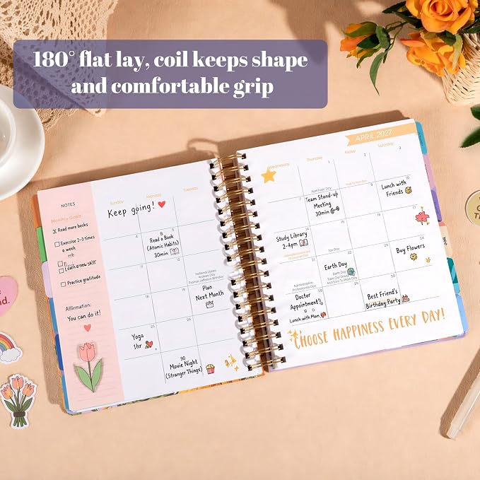 CAGIE 18 Month Planner July 2026 - December 2027, Academic Year Weekly & Monthly Planner with Tabs, 8.3 x 9.3 Floral Hardcover Organizer with 100GSM Thick Paper and Elastic Band for Women School Office