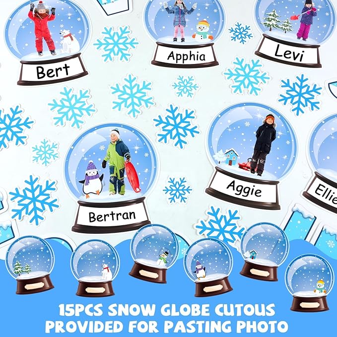 94pcs Winter Bulletin Board Decorations Set Let It Snow Snowmen Paper Cutouts for Posting Photo Globe Cutouts with Snowflakes Borders Christmas January Holiday Classroom Chalkboard Wall Decor Supplies