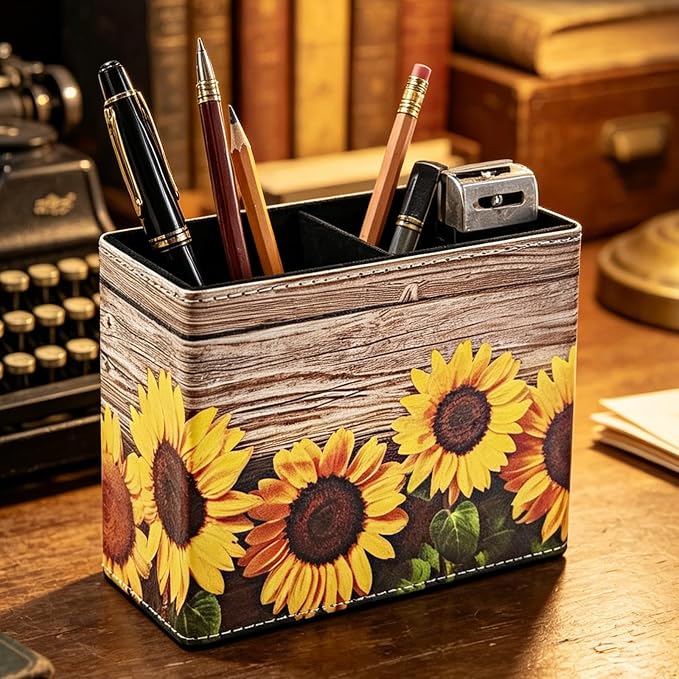 Pen Holder, Rectangle Vintage Pencil Holder with 2 Compartments, PU Leather Art Remote Control Holder Organizer Storage for Desk Accessory (Sunflower)