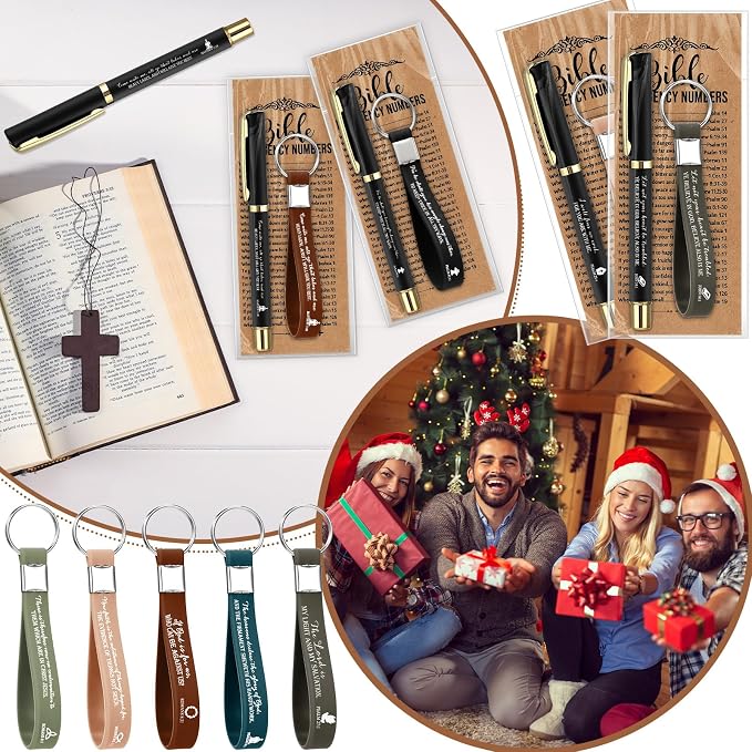 Feifeiya 25 Sets Father's Day Christian Church Gifts Bulk Bible Verse Plastic Gel Pen Religious Silicone Keychains Scripture Bookmarks for Men Women Empowerment Sunday Study Group Gifts(Black)