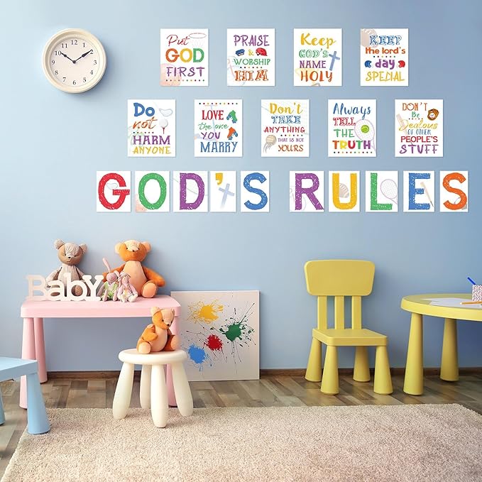 20 Pieces Ten Commandments Poster for Kids Christian Bible Verse Poster Inspirational Religious Scripture Wall Poster for Classroom Church Sunday School Christian Scripture Home Decor (Ball Base)