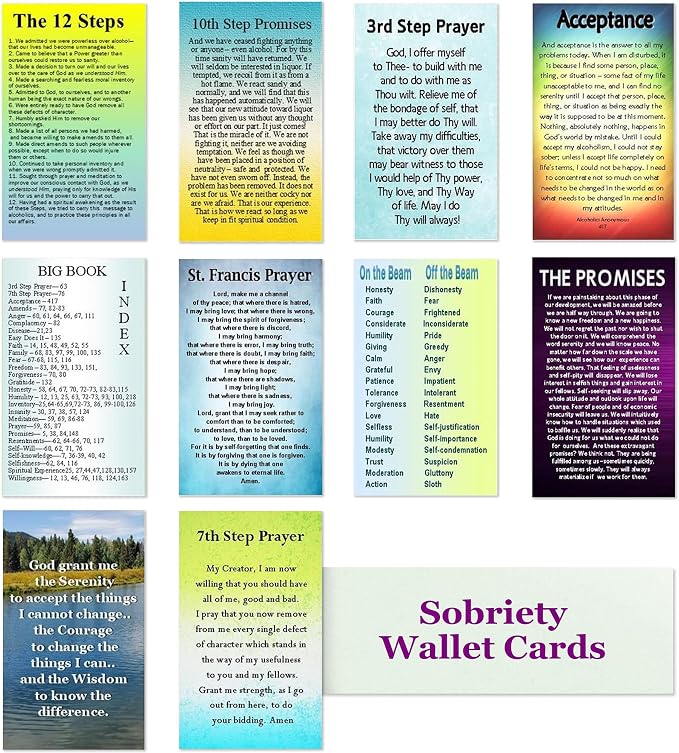 10 Pack Sobriety Cards for Wallet - AA 12 Step Recovery Gifts for Men & Women - Inspirational Sober Anniversary Assortment - Serenity Prayer Cards for Sponsors & Support Groups