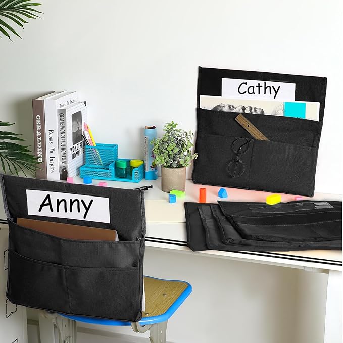 Boao 24 Pcs Chairback Pockets for Classroom with Name Tags, 16.3 x 15 Inch Seat Storage Organizers, 2 Large Pockets Chair Back Organizers for Students Teachers School Supplies(Black)