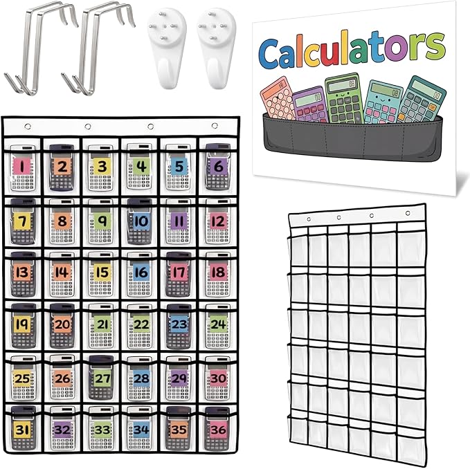 36 Pocket Calculator Holder for Classroom Calculator Storage Organizer over The Door Hanging Storage Rack with Clear PVC Pockets, Number Stickers for Back to School Exam Room