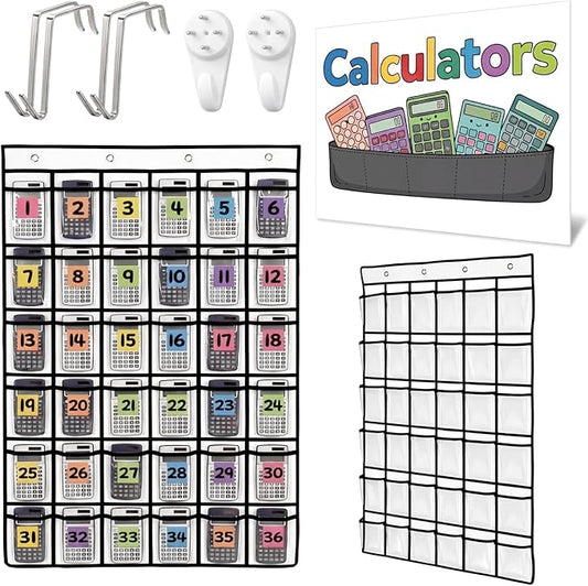 36 Pocket Calculator Holder for Classroom Calculator Storage Organizer over The Door Hanging Storage Rack with Clear PVC Pockets, Number Stickers for Back to School Exam Room