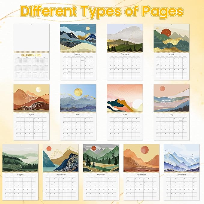 JAPBOR Landscape Illustration Calendar Mountains - 2PCS 2026 Nature Scenic Wall Monthly Calendar for Home Office Organizing & Planning, 12 Months Hangable Golden Hill Photography Vacation Gifts
