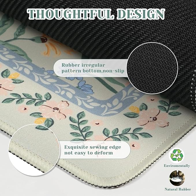 iCasso Green Aesthetic Flower Mouse pad for Laptop, Desk Pad Mat, Desk Matt for Desktop 13.7"x23.6", Anti-Slip Mousepad with Stitched Edges for Laptop Computer Keyboard(Green Floral)