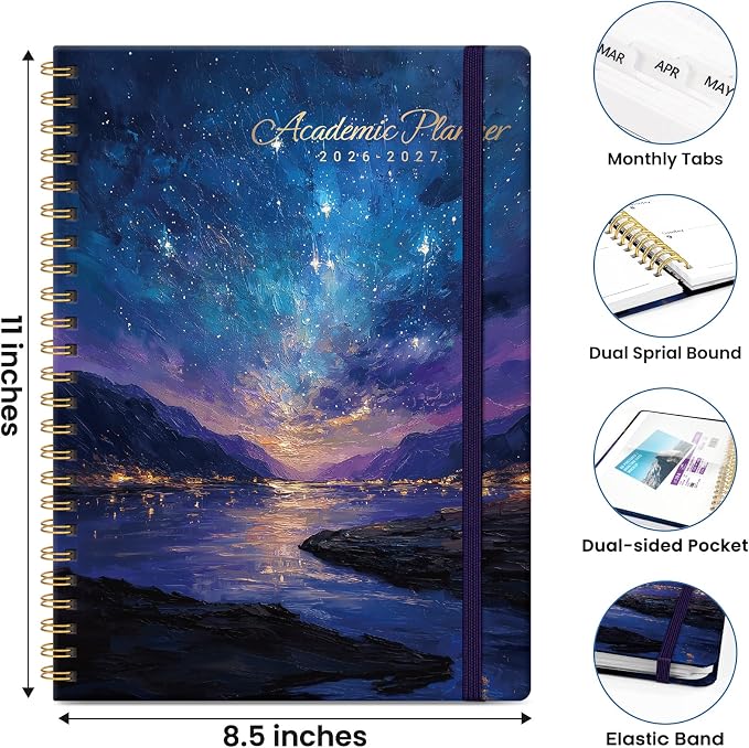 Planner 2026–2027, Academic Planner Weekly and Monthly Calendar Jul 2026 – Jun 2027 Hardcover Planner with Tabs and Pocket, Spiral Bound Agenda Book for Student & Teacher, 8.5" x 11", Starlit Waters