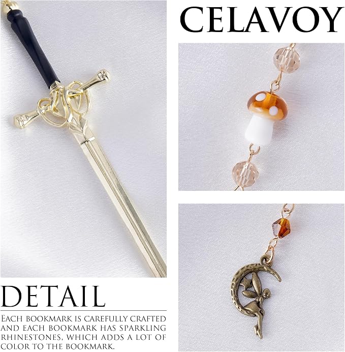 Fantasy Mushroom Sword Bookmark - Unique Fairy Elf Charm Metal Book Marks Crystal Beads Chain Page Mark Bookish Birthday Gifts Reading Accessories for Women Students Teachers Lovers Readers