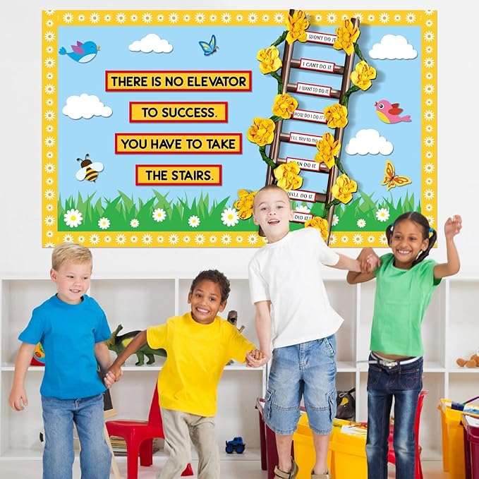 Spring Bulletin Board Decoration Set Back to School 3D Ladder Classroom Decorations Motivational Blue Sky White Clouds Summer Paper Cutouts for Home Nursery School Chalkboard Wall Party Supplies