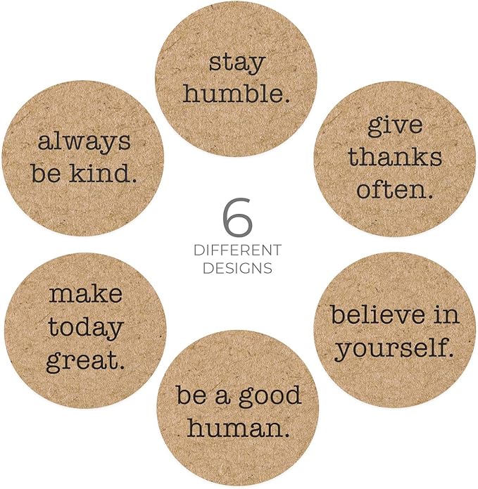Be Kind Kraft Stickers / 500 Motivational Uplifting Stickers / 6 All Occasion Good Human Label Designs / 1.5" Round Brown Kraft Envelope Seals/Made in The USA