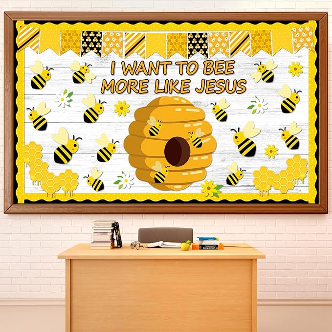 76 PCS Bee Bulletin Board Classroom Set I Want to Bee More Like Jesus Bulletin Board Spring Religious Christian Theme Birthday Decor for Back to School Home Preschool Office Door Wall Supplies
