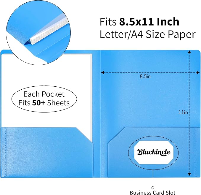 6 Pack Folders with Pockets Blue, 2 Pocket Plastic Folder with Pockets for School File Folder for Documents Letter Size with Business Card Slot Back to School Office Teacher Supplies