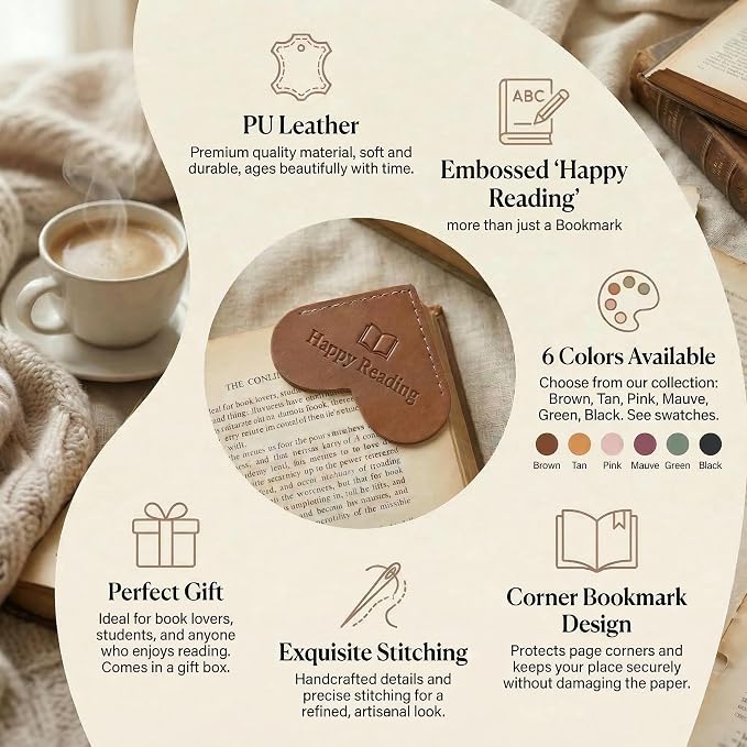 Leather Heart Bookmarks for Reading Women - 6 Pcs Happy Reading Corner Page Bookmarks, Cute Book Marks Graduation Giffs for Kids Students, Teacher Appreciation, Book Lovers, Perfect Bookish Gifts