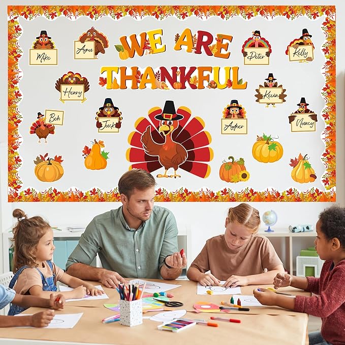 71 Pcs Thanksgiving Turkey Bulletin Board Decorations We are Thankful Classroom Bulletin Board Fall Pumpkin Turkey Maple Leaf Cutouts Decor for Autumn Harvest School Chalkboard Wall Decor Supplies