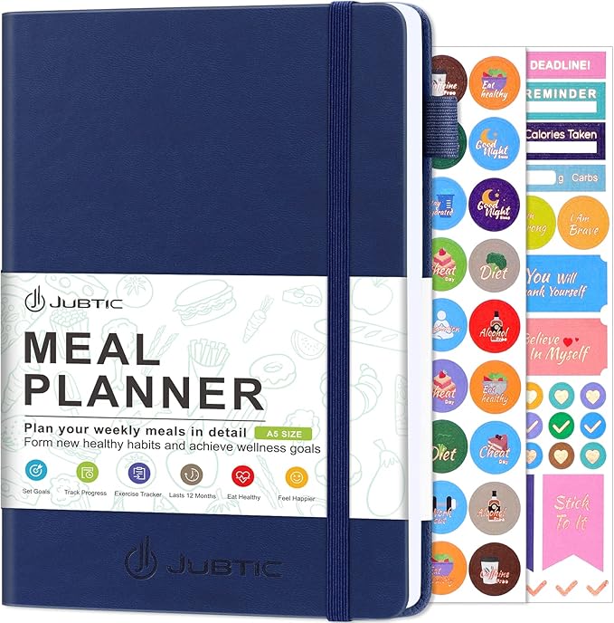 JUBTIC Weekly Meal Planner Notebook, Food Journal Daily Meal Prep Journal with Shopping and Grocery Lists for Food Planning Menu Planning Healthy Diet or Weight Loss Tracking, Last 1 Year,Undated, A5, Navy Blue
