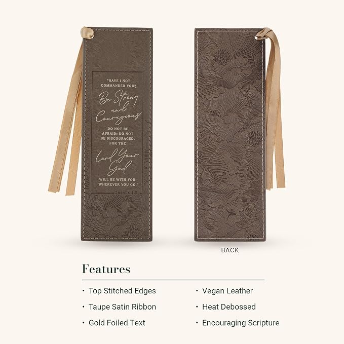 Christian Art Gifts Premium Vegan Leather Inspirational Scripture Bookmark for Women: Strong & Courageous Encouraging Bible Verse, Satin Ribbon, Sturdy Debossed Reading Accessory, Brown Floral & Gold